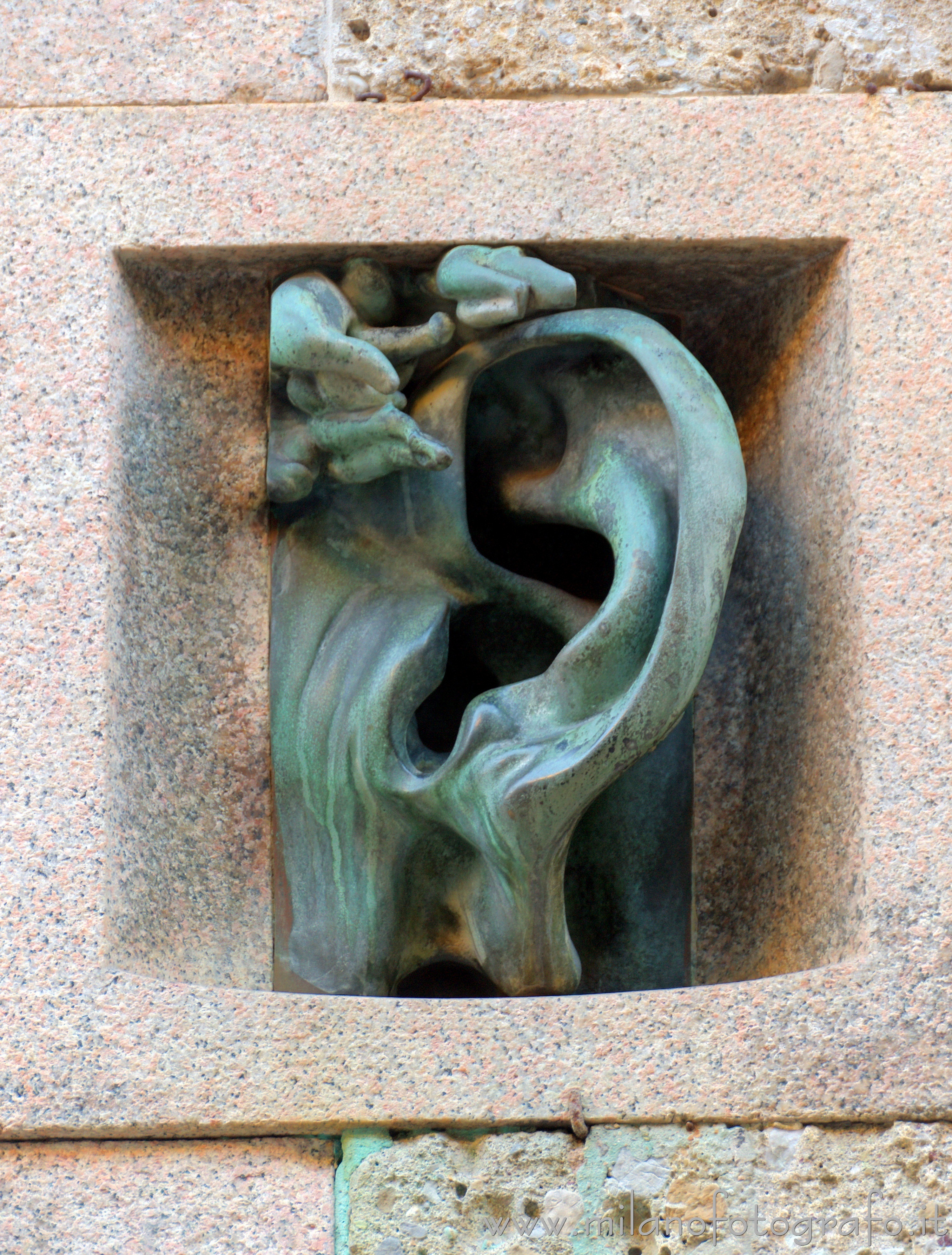 Milan (Italy) - Sculpture with the shape of an ear in Serbelloni street 10 in the Quadrilateral of Silence